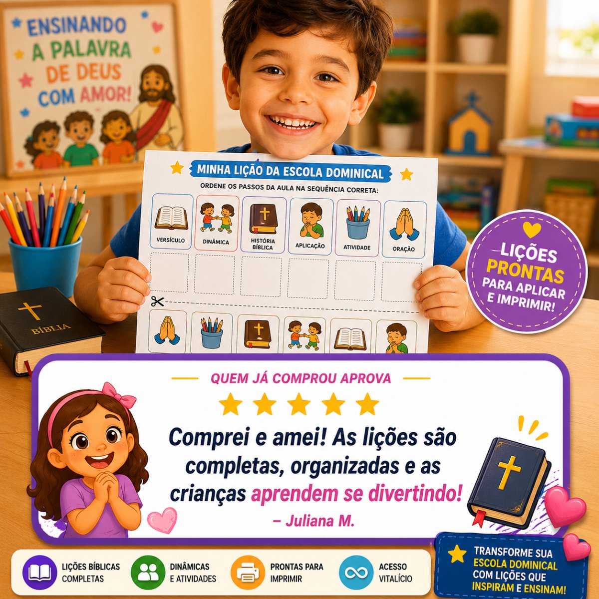 Criança feliz mostrando lição bíblica com depoimento